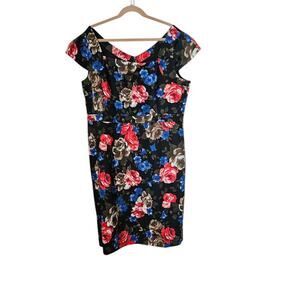 J. Peterman Cap Sleeve Floral Sheath Dress Size 22 Plus Retro Cotton Fitted Plus